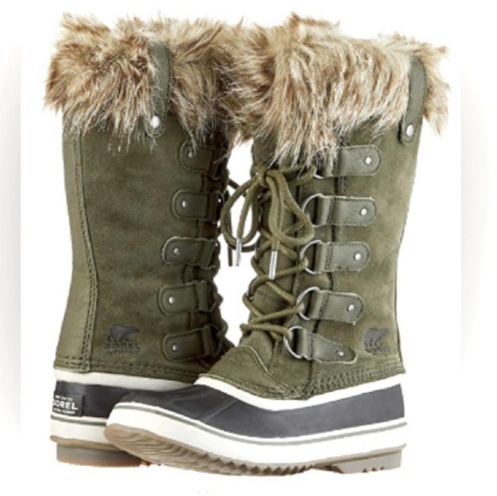Sorel Joan of Arctic Olive Green Waterproof Fur Trimmed Boots - Picture 3 of 10